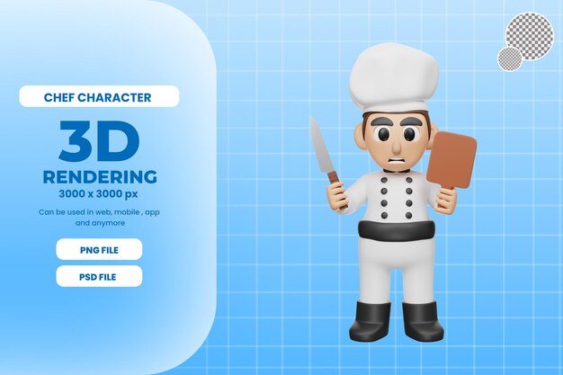 PSD 3d rendering chef character illustration with knife and cutting board