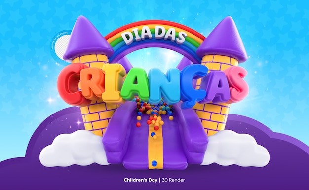 3D Rendering of Children's Day Castle Label in portuguese for brazilian celebration