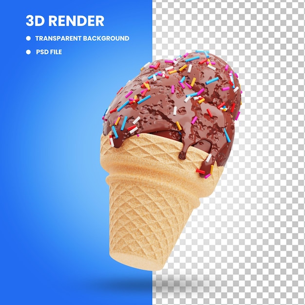 3d rendering of chocolate ice cream cone icon illustration with sprinkles