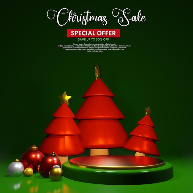 3d rendering christmas podium with red pine tree and christmas ball for product presentation