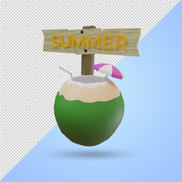 3d rendering of coconut fruit drink icon with summer written directions