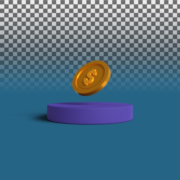 3D Rendering coin with podium on transparent background. 3D Render illustration.