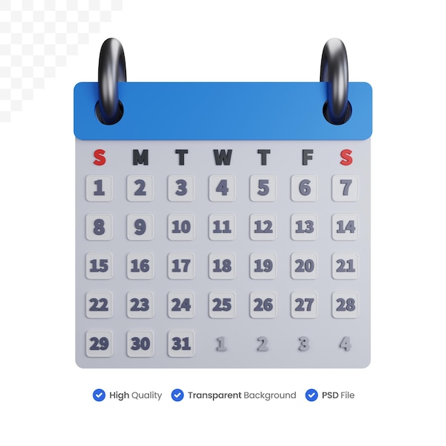 3d rendering complete calendar without months isolated