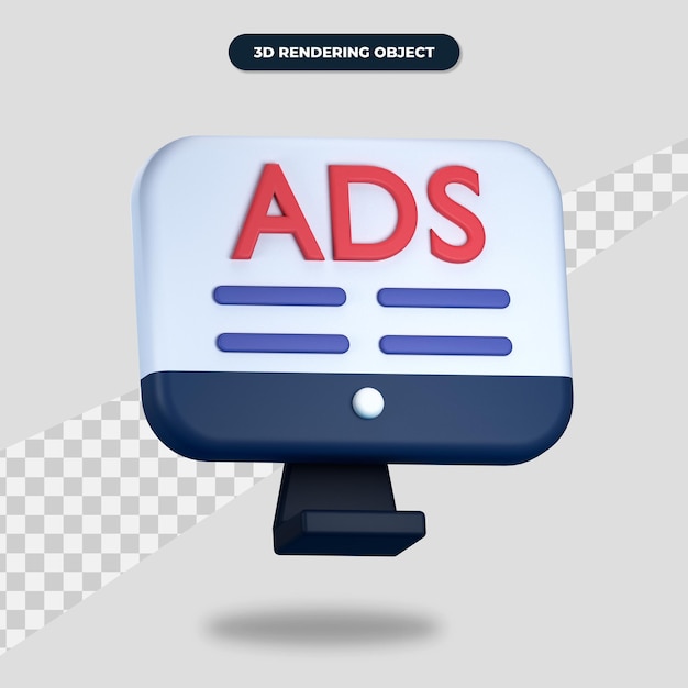 3d rendering computer icon with text ads on screen