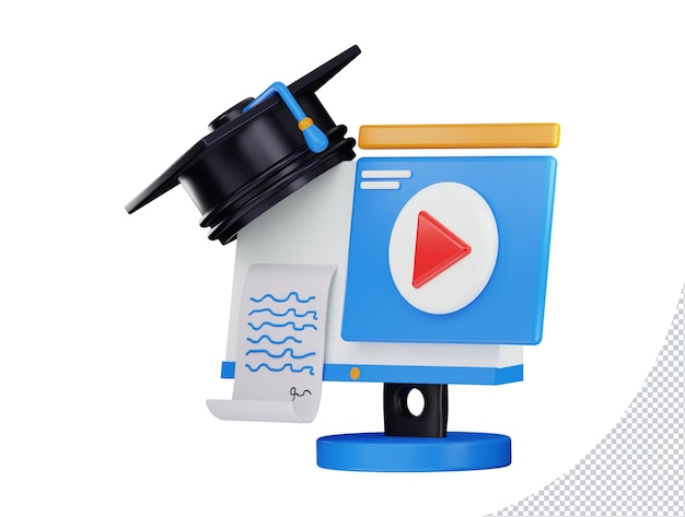 3d rendering computer monitor with a graduation cap and video player icon illustration