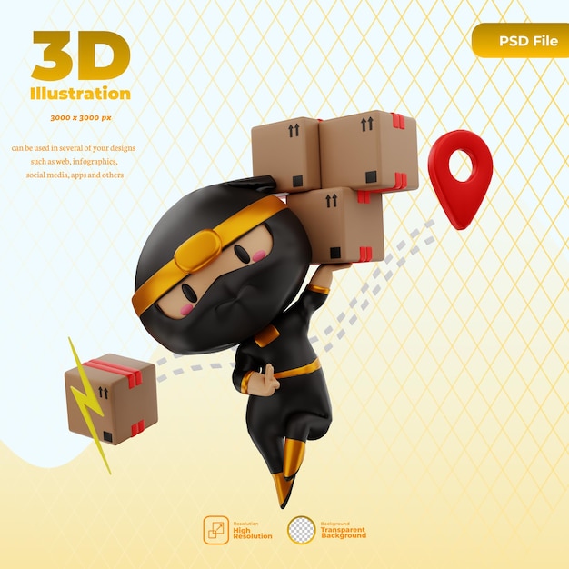 PSD 3d rendering of courier character ninja illustration