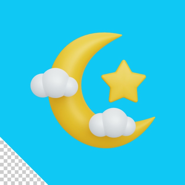 3d rendering crescent moon and star with cloud isolated useful for islam ramadan design