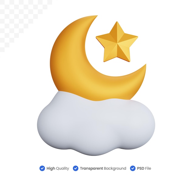 3d rendering crescent moon and stars above the clouds isolated