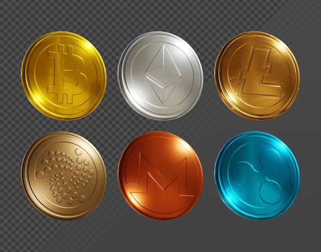 3d rendering of crypto coins bitcoin ethereum litecoin and other shiny perspective view