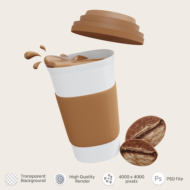 3d rendering of a cup of coffee with coffee beans and splashes