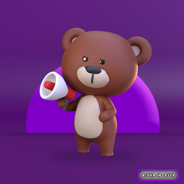 3d rendering of cute bear character holding megaphone marketing illustration