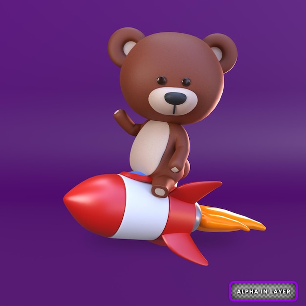 3d rendering of cute bear character riding a rocket illustration