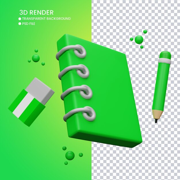 3d rendering of cute book and pencil with eraser