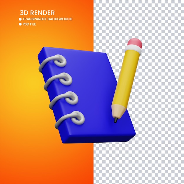 3d rendering of cute book and pencil