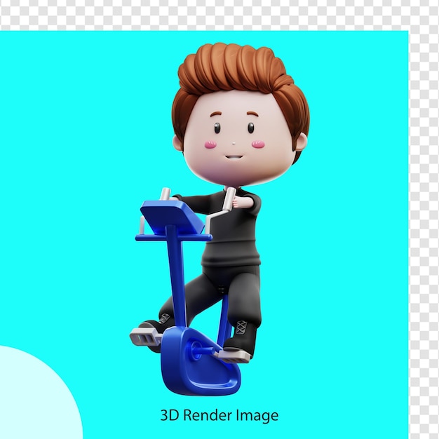 3d rendering of cute boy gym character riding a stationary bike