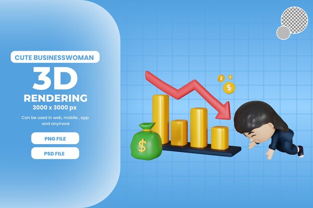 3d rendering cute businesswoman with graph down premium psd