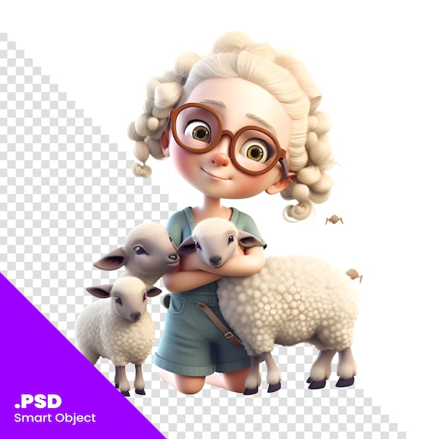 3d rendering of a cute cartoon girl with sheep isolated on white background PSD template