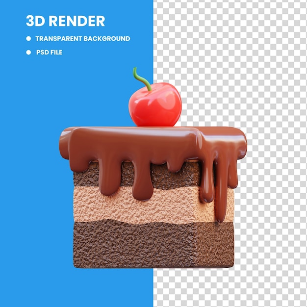 3d rendering of cute chocolate cake icon illustration with cherry on top