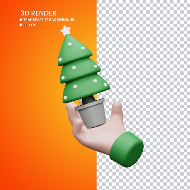 3d rendering of cute christmas tree with hand for social media