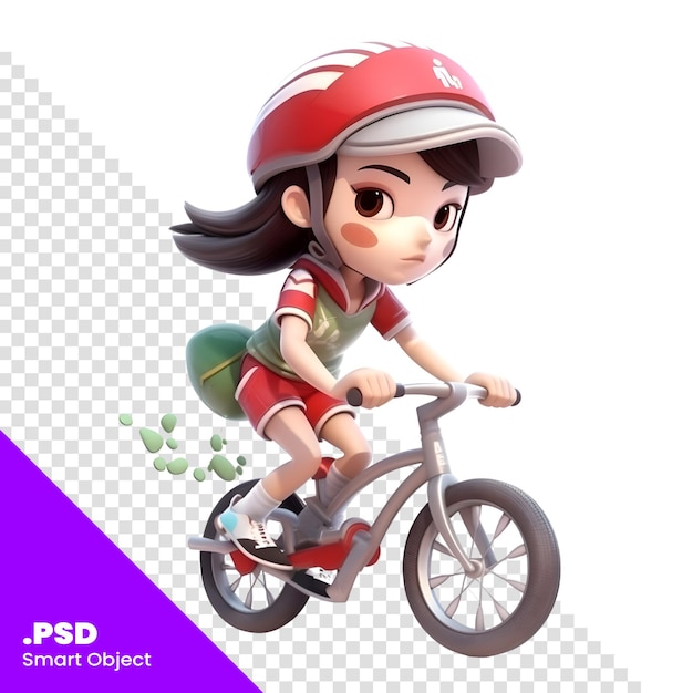 3d rendering of a cute girl riding a bicycle with a helmet PSD template