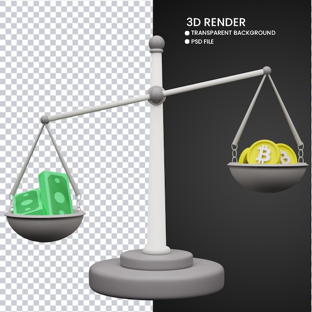 3d rendering of cute money scale and bitcoin