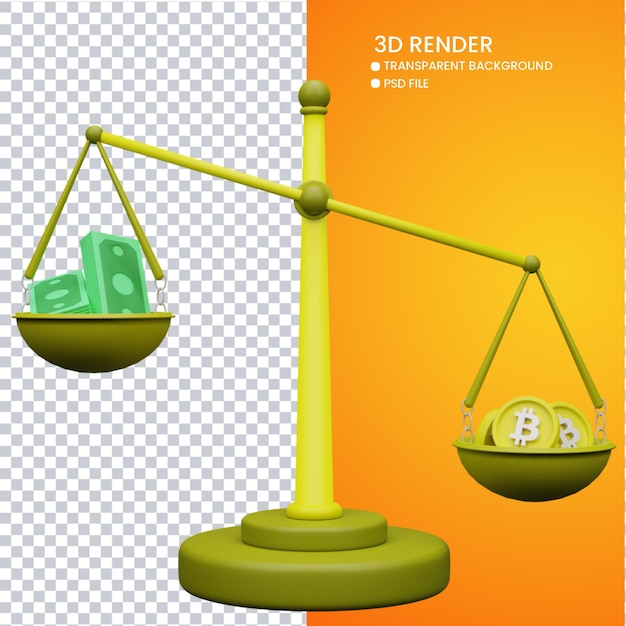 3d rendering of cute money scale and bitcoin