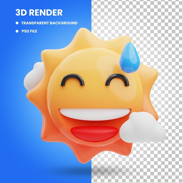 3d rendering of cute sun icon illustration with smiley sweat face