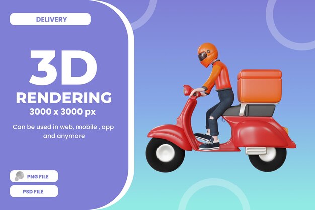 PSD 3d rendering delivery man character with scooter illustration object premium psd