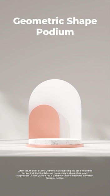 3d rendering design mock up of marble and pink podium in portrait with arches and shadow wall