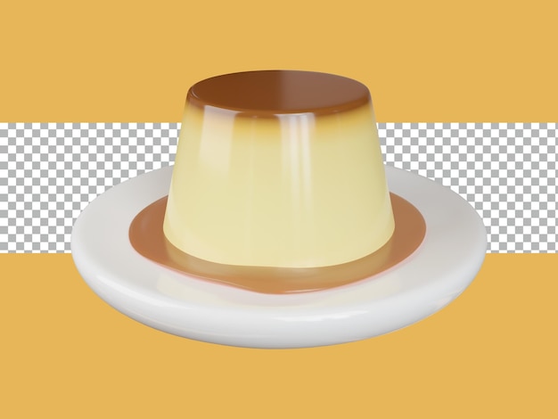 3d rendering dessert pudding sweet caramel syrup in plate tranparent premium psd