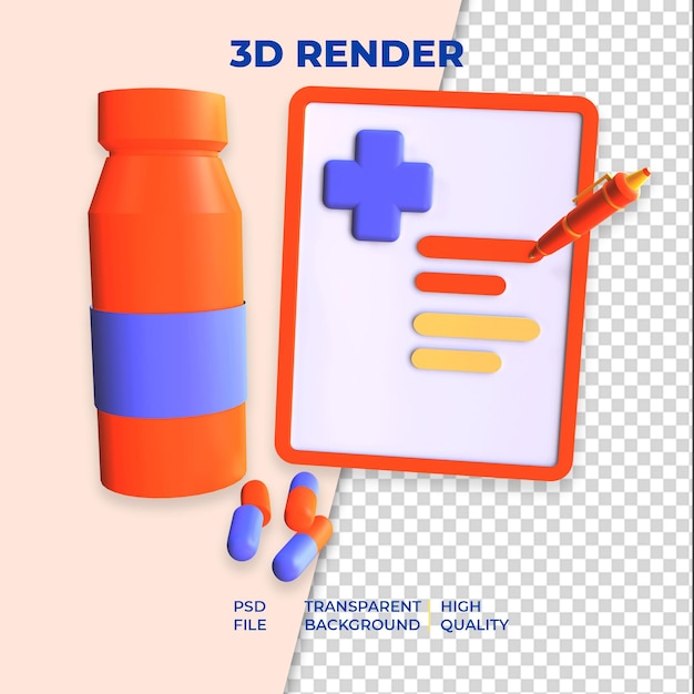 3d rendering of drugs bottle and checklist isolated