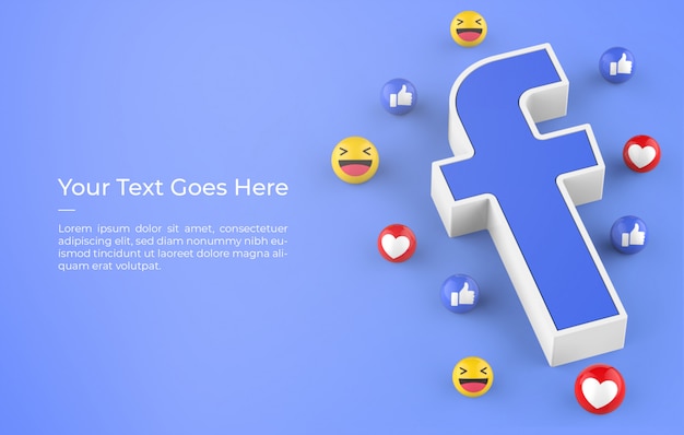 3d rendering of Facebook logo with emoji reactions design mockup