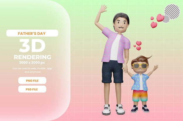 3d rendering father and son is waving illustration premium psd