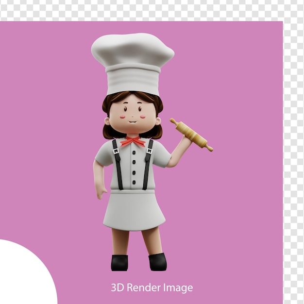 3d rendering female chef holding a wooden mill