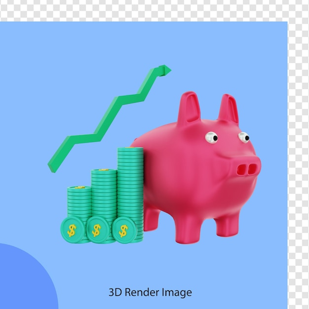 3d rendering finance piggy bank with investment dollar coins grow