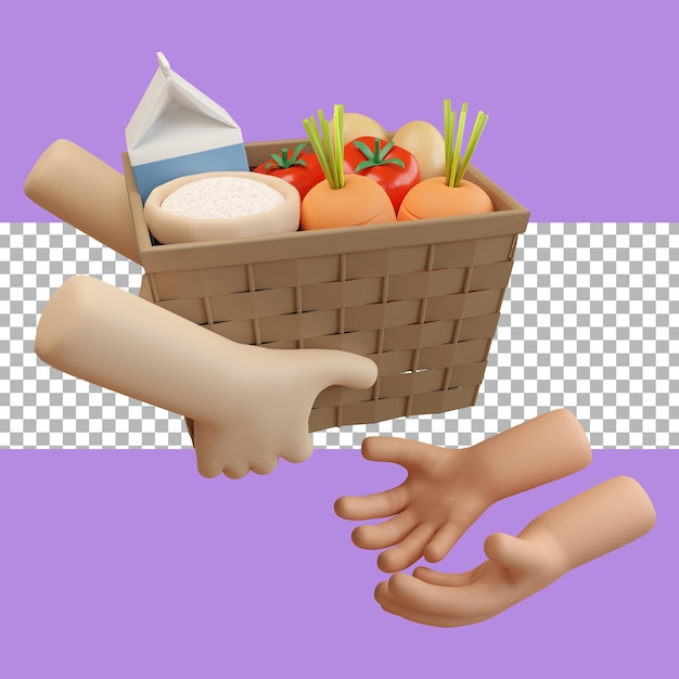 3d rendering food in the basket food donation tranparent premium psd