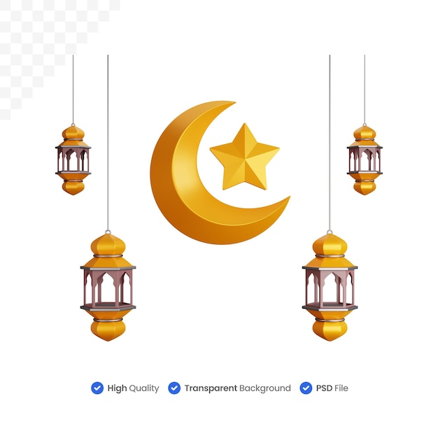 3D Rendering four lantern lights with a crescent moon isolated