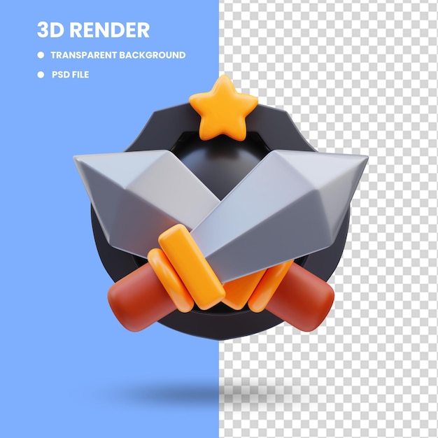 3d rendering of game icon illustration, shield and two swords