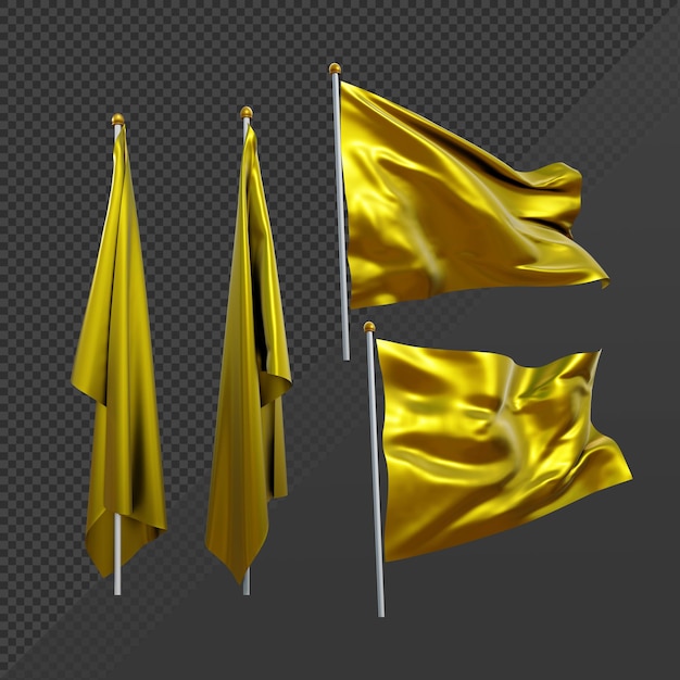 3d rendering of gold golden flag wavin fluttering and no fluttering perspective view