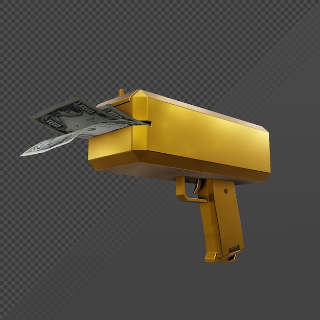 3d rendering of gold golden money gun from perspective view