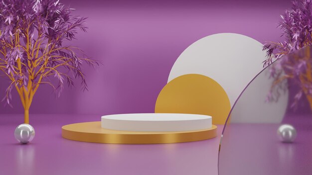 3D rendering gold podium on purple background with tree