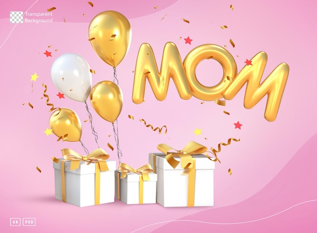 3D Rendering Golden Gifts And Balloons With Mom Word For Mother's Day