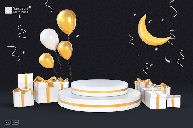 3D Rendering Golden Gifts, Moon With Islamic Decoration Podium For Product Placement