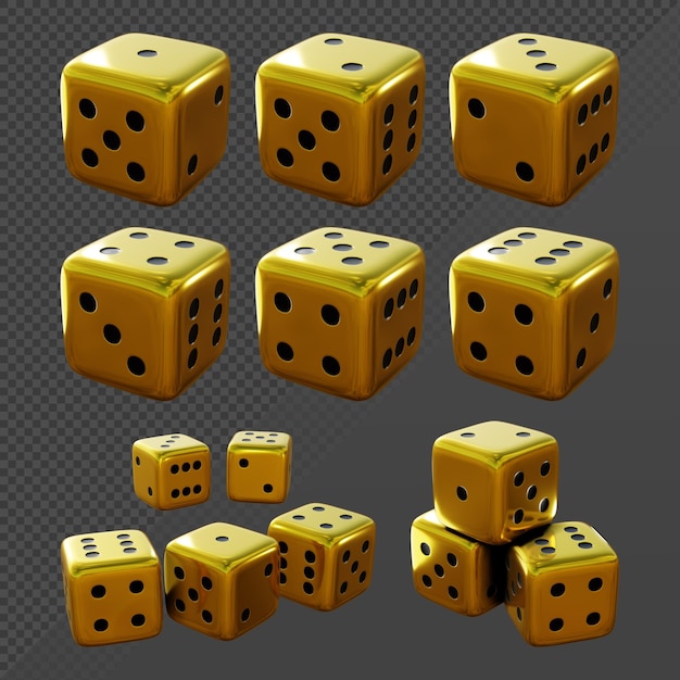 3d rendering of golden gold dice from multiple perspective view angle