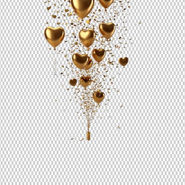 A 3d rendering of golden love balloon confetti floating decoration with colorful paper shoots