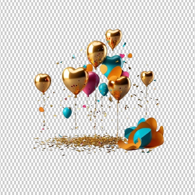 A 3d rendering of golden love balloon confetti floating decoration with colorful paper shoots