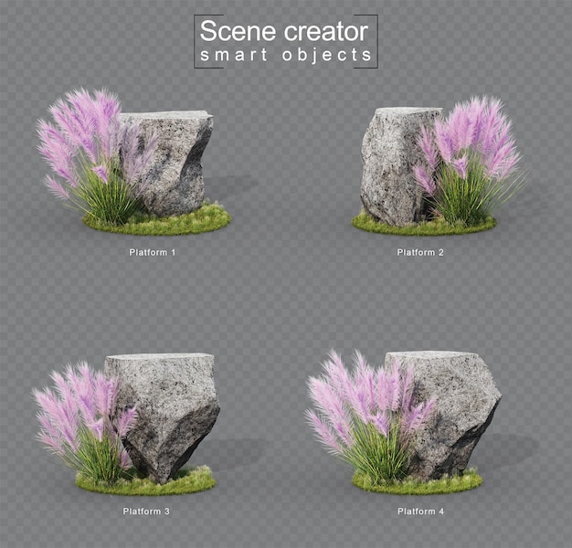 3d rendering of granite stone platform on grass set