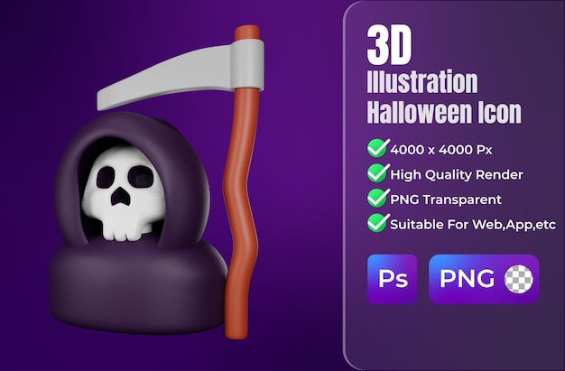 3d rendering grim reaper halloween icon