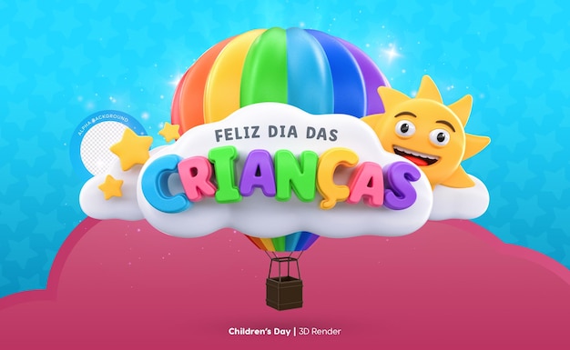 3D Rendering of Happy Children's Day Label in portuguese for brazilian celebration