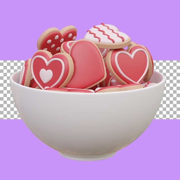 3d rendering heart cookies in a bowl white color tranparent